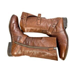 Eileen Fisher Domingo Brown Leather Mid Calf Western Boho Boots 8 Festival